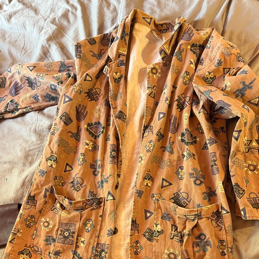 Chico's Tan Cotton Jacket with Black and Teal Tribal Motifs festival wear